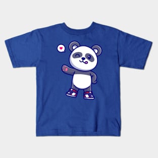 Cute Panda Wearing Shoes And Waving Hand Cartoon Kids T-Shirt